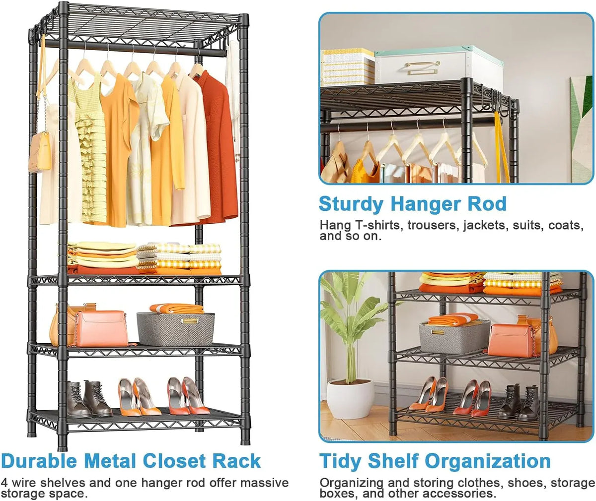 Ulif H4 Mini Portable Closet, 4 Tiers Freestanding Clothing Garment Rack for Small Space, Metal Clothes Wardrobe System for Bedroom, 23.6 W x 14 D x 76.4 H, Load 502 lbs, Black