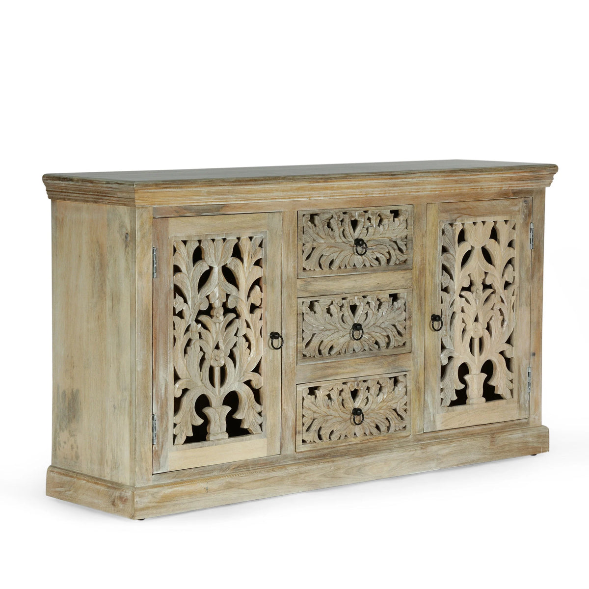 Scaggs Boho Handcrafted Mango Wood 3 Drawer Sideboard, Antique White