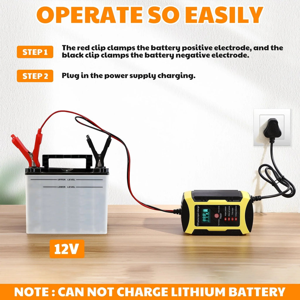 2pcs Car Battery Charger Automatic Smart Battery Maintainer with Digital Display Screen Pulse Repair Charger for SUV Car Lawn Mower Motorcycle Boat (UK Plug)