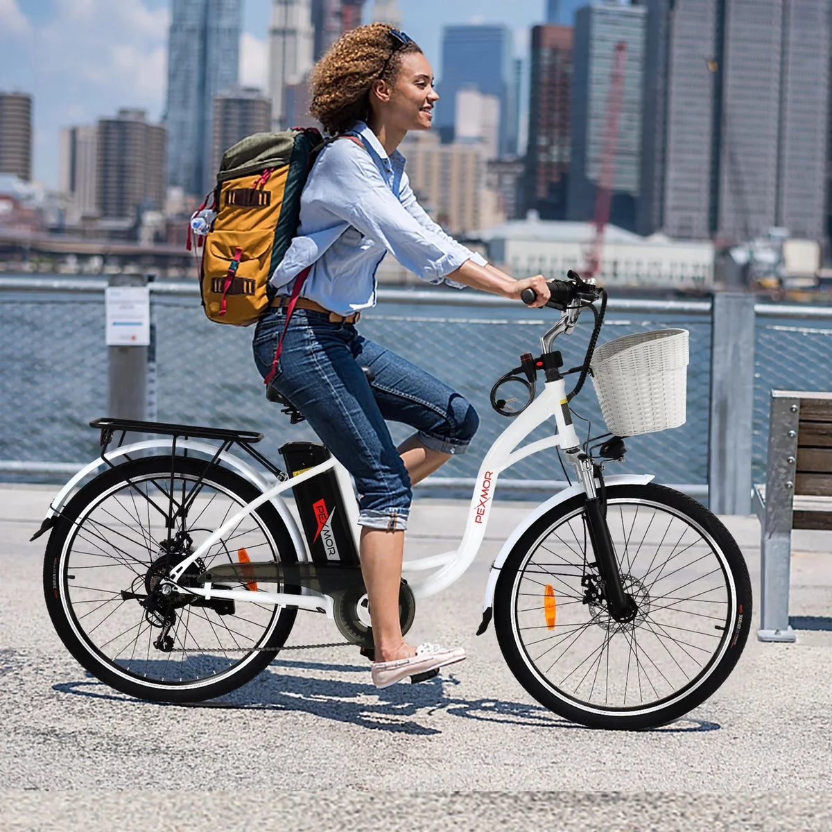 PEXMOR Electric Bike for Adults, 350W (Peak 500W) City Commuter Ebike 36V 12.5AH Removable Battery, 26 Cruiser Electric Bicycle Shimano 6-Speed | Dual Shock Absorber | Basket