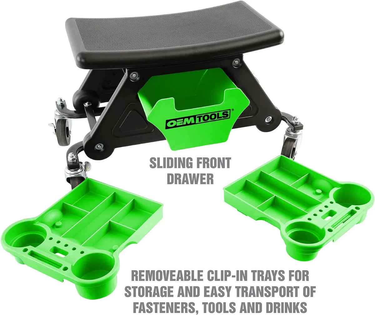 24986 Heavy-Duty Rolling Workbench and Creeper Seat, Mechanics Stool with Wheels, Creepers, Shop Stools with Wheels, Automotive, Green and Black 300 LB Capacity