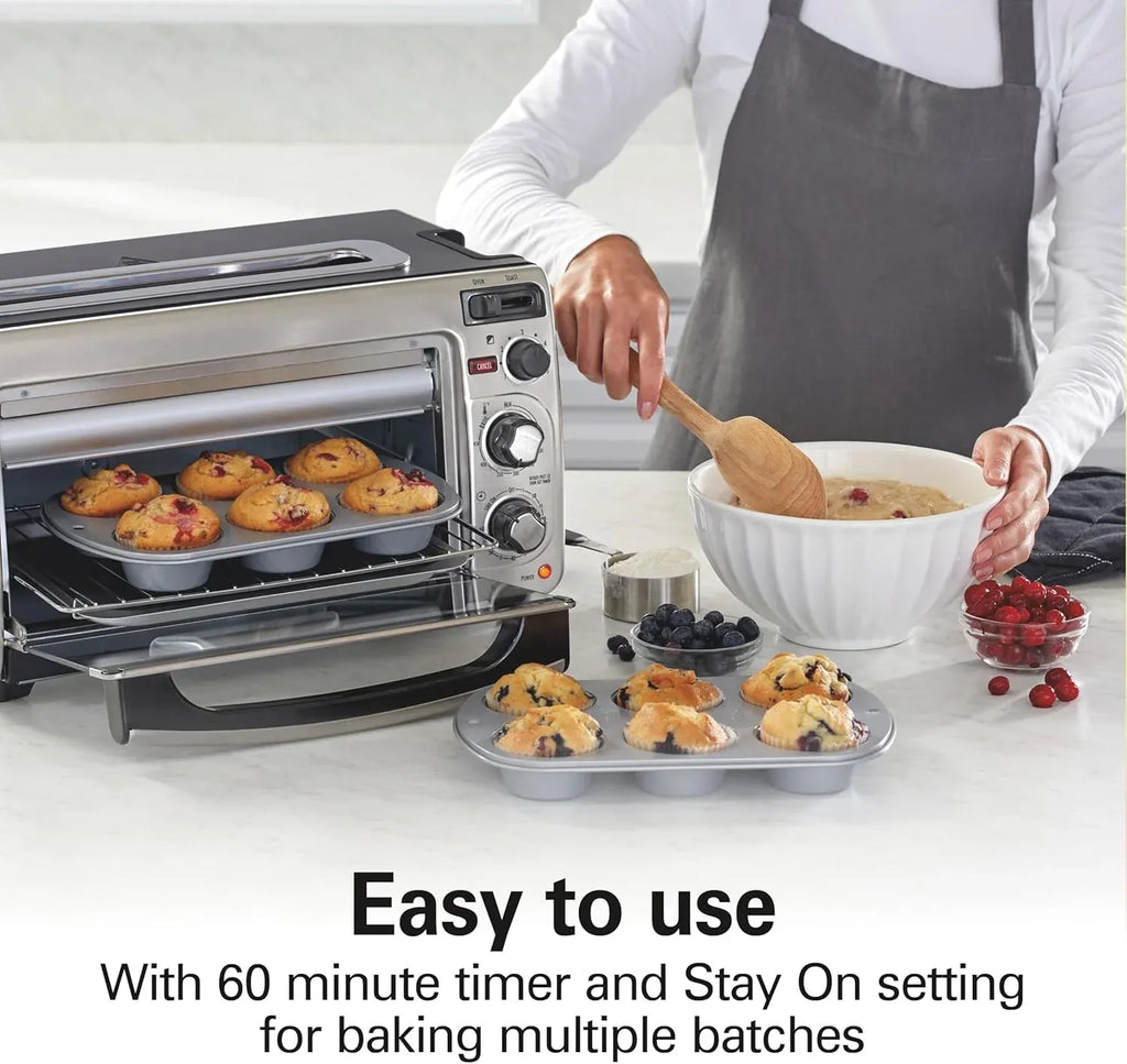 Hamilton Beach 2-in-1 Countertop Toaster Oven and Long Slot 2 Slice Toaster, 60 Minute Timer and Automatic Shut Off, Shade Selector, Stainless Steel (31156)