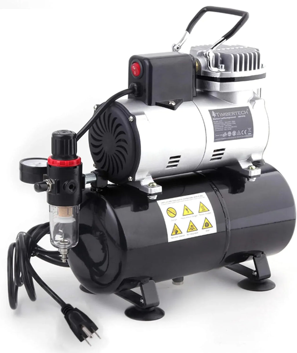 Timbertech Upgraded Airbrush Single-Piston Oil-free Mini Compressor ABPST08 with Cooling Fan, 3L Tank, Regulator, Moisture trap for Hobby, Body Tattoo, Model Painting, Automotive Graphic, Make-up