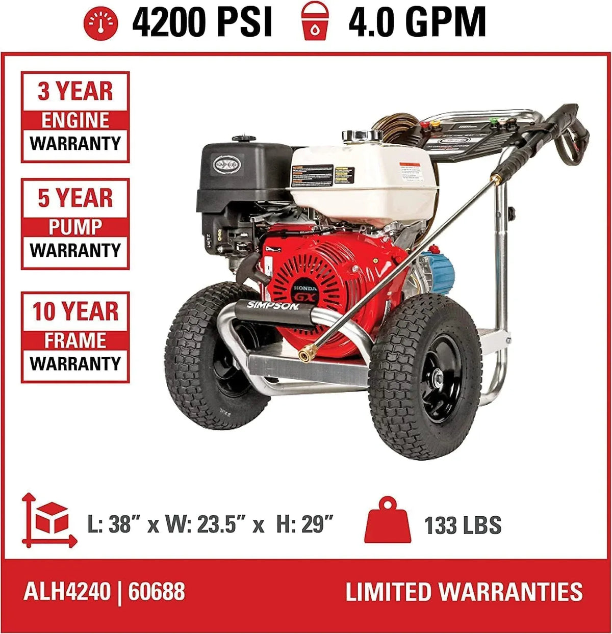 Cleaning 4200 PSI Gas Pressure Washer, 4.0 GPM Power Washer for Commercial Use, Honda GX390 Engine, 50-Foot Steel-Braided Hose, Aluminum Series, 49-State (ALH4240)