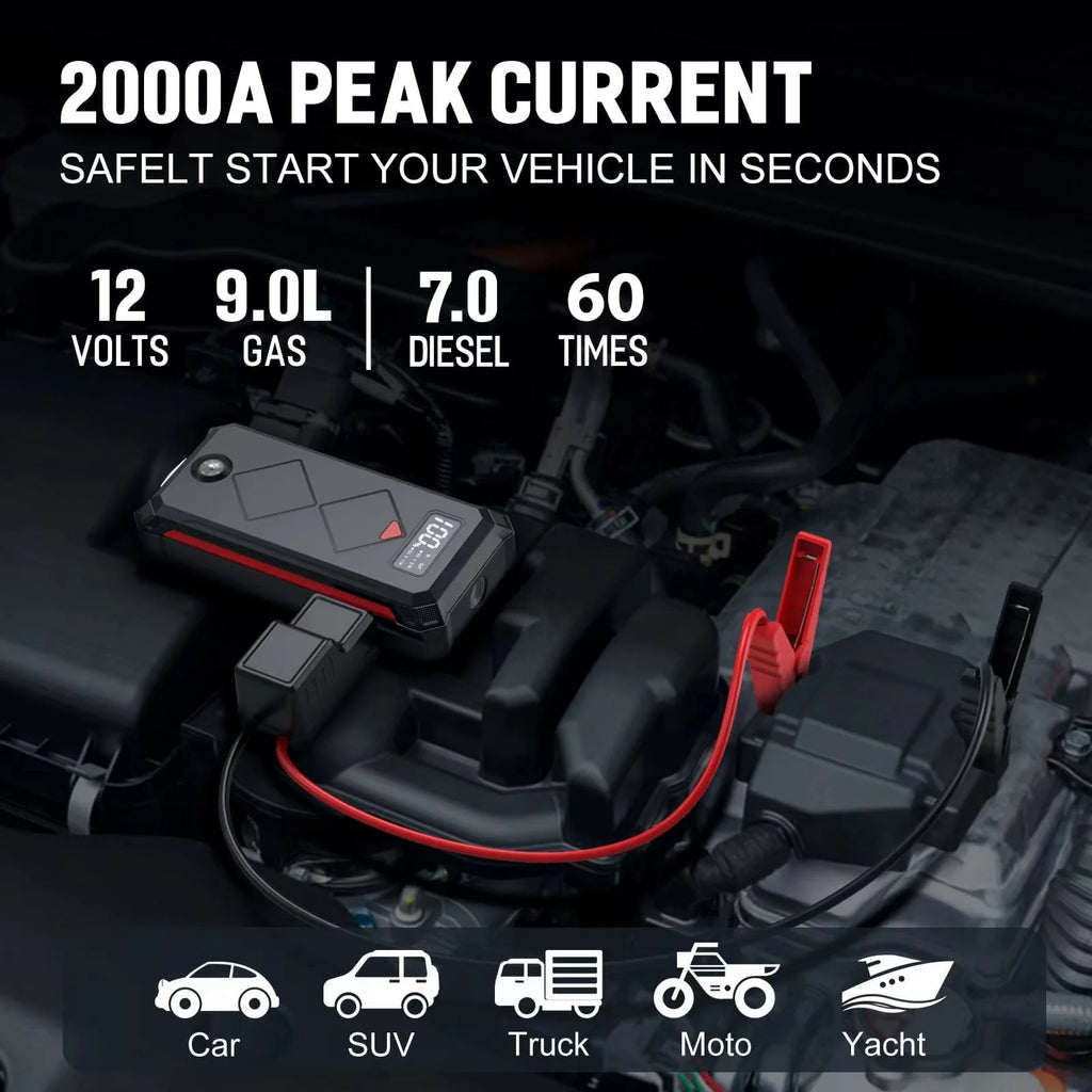 Car Jump Starter, Acmount 2000A 12V Portable Battery Jump Starter Box for up to 9L Gas or 7L Diesel Engine with LED Screen & LED Light