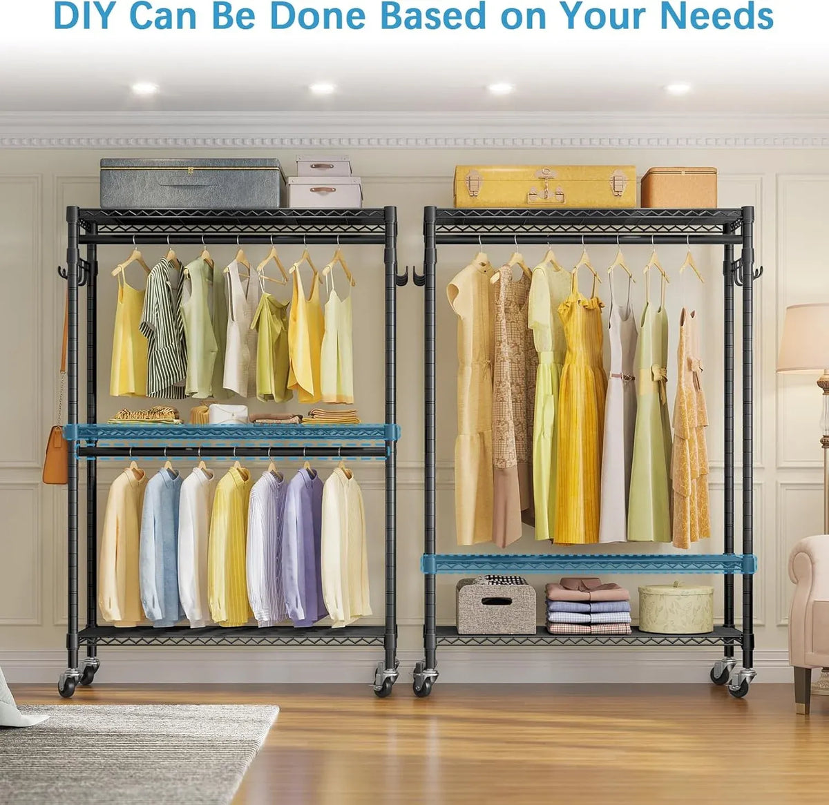 R2 Plus Heavy Duty Rolling Garment Rack 3 Tiers Adjustable Wire Shelving Clothes Rack with Double Rods and Side Hooks, Freestanding Wardrobe Storage Rack Metal Clothing Rack, Black