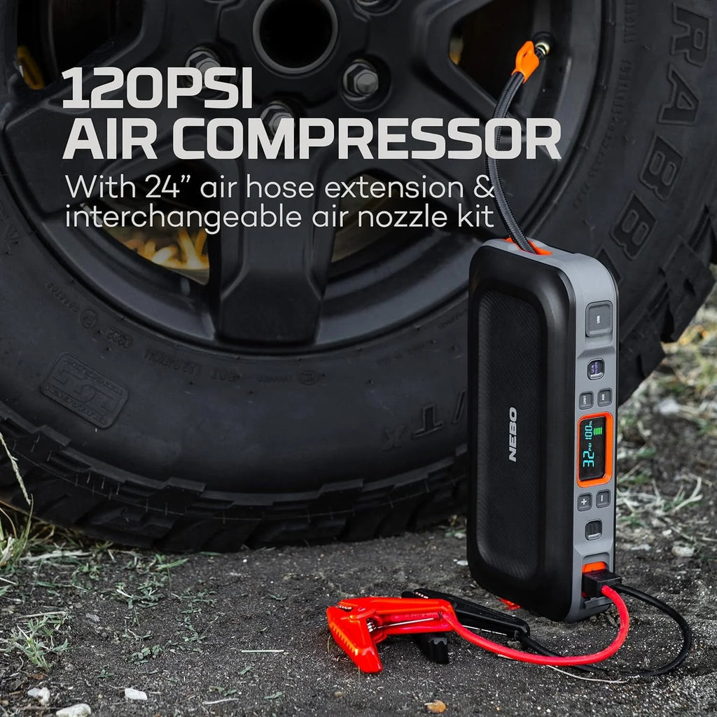 NEBO 4-in-1 Assist Air Jump Starter, Portable Car Battery Charger, Emergency USB Power Bank with Tire Pump, Interchangeable Air Nozzles, 310 Lumen Floodlight