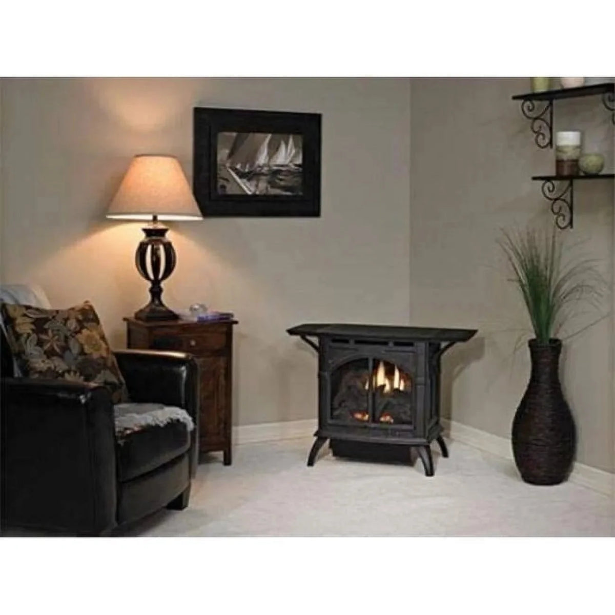 Empire 30 Medium Vent Free Cast Iron Natural Gas Stove with Log Set, Porcelain Black