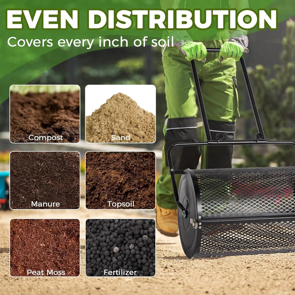 Compost Spreader and Peat Moss Spreader, 24 Push/Tow-Behind Roller Lawn Spreader with Steel Mesh Basket Garden Spreader for Spreading Manure Mulch Topsoil