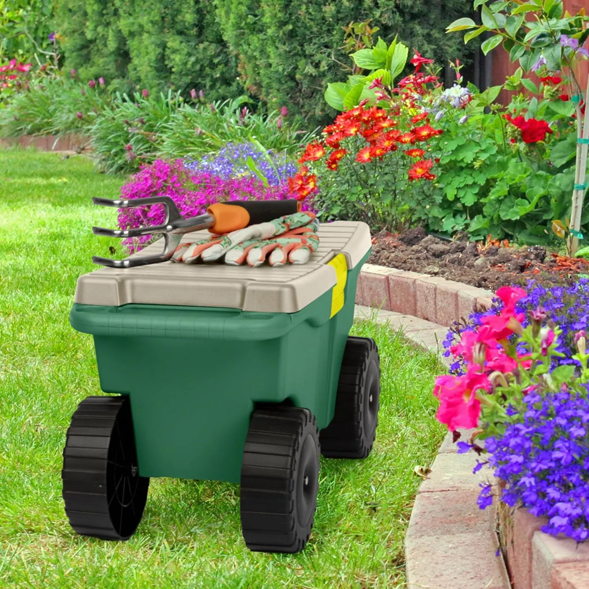 Rolling Garden Cart with Seat - Plastic Storage with Bench and Interior Tool Tray - Gardening Stool for Weeding and Planting By Pure Garden (Green)
