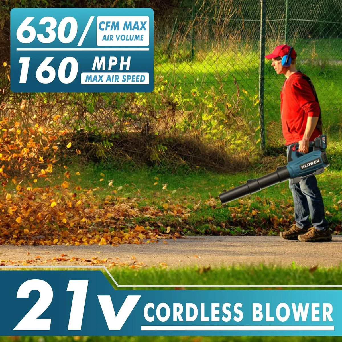 Leaf Blower Cordless (Upgraded) - 630CFM/160MPH, 21V Powerful Electric Cordless Leaf Blower with 2 x 4.0Ah Batteries and Charger, Battery Powered Leaf Blowers for Lawn Care, Patio, Yard, Dust, Snow