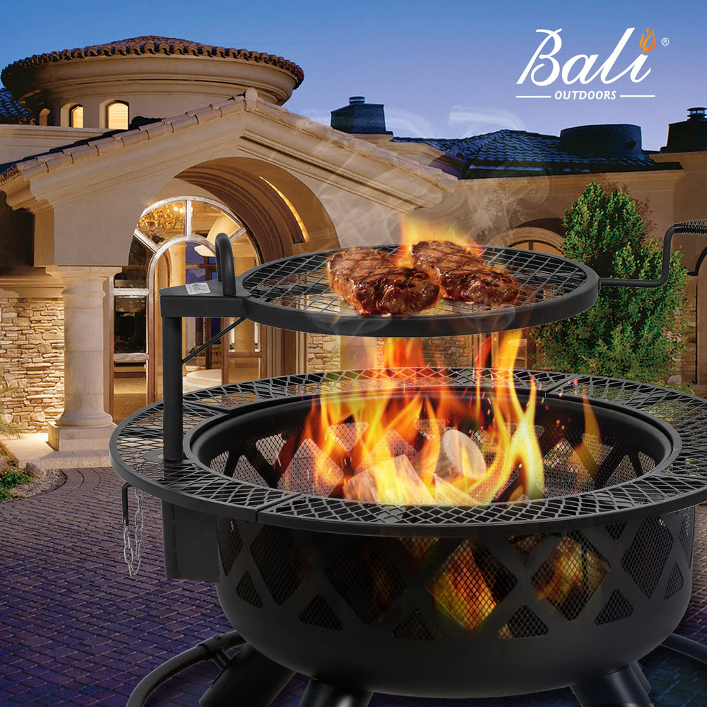 BALI OUTDOORS Wood Burning Fire Pit, 32 Inch Outdoor Backyard Patio Fire Pit with 18.7 Inch Cooking Grill Grate, Black