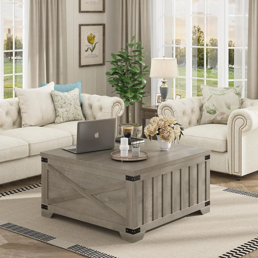 Farmhouse Coffee Table with Storage, Square Center Table with Hinged Lift Top