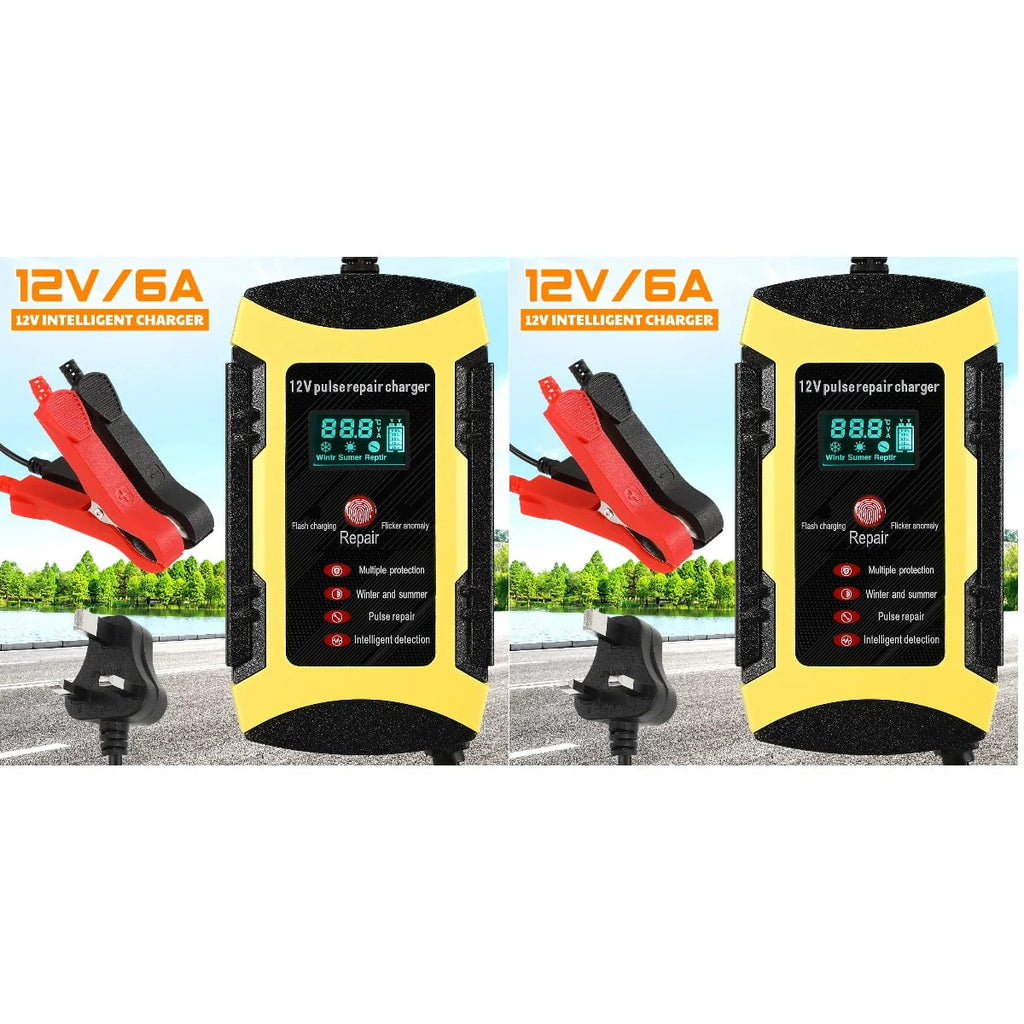 2pcs Car Battery Charger Automatic Smart Battery Maintainer with Digital Display Screen Pulse Repair Charger for SUV Car Lawn Mower Motorcycle Boat (UK Plug)