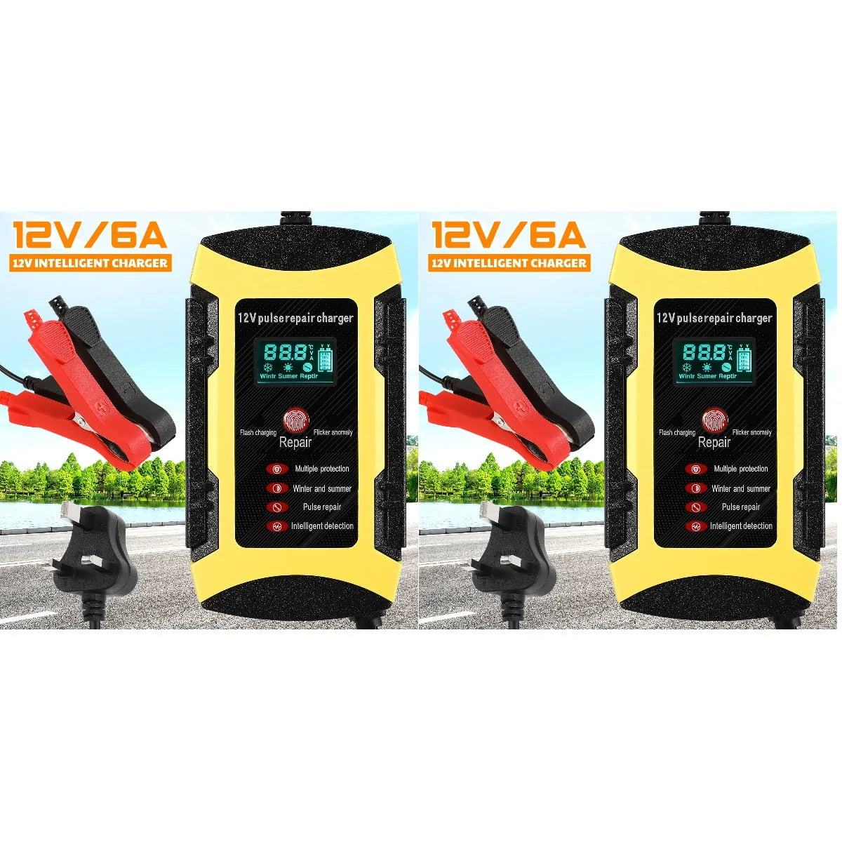 2pcs Car Battery Charger Automatic Smart Battery Maintainer with Digital Display Screen Pulse Repair Charger for SUV Car Lawn Mower Motorcycle Boat (UK Plug)