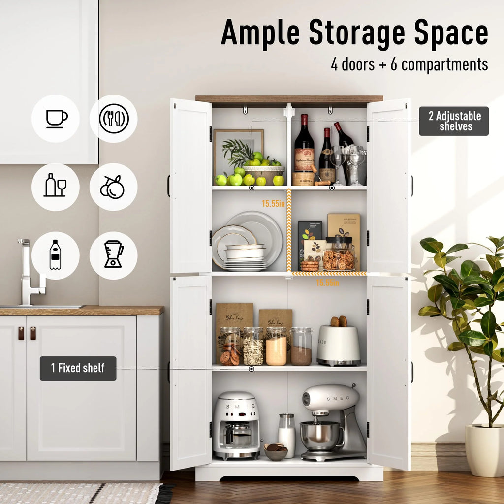 HOSTACK 64 Pantry Cabinet, Tall Kitchen Pantry Storage Cabinet, Modern Farmhouse Bathroom Storage Cabinet, Large Bookcase, 4 Doors|Adjustable Shelves, for Dining Room, Living Room, Home Office, White