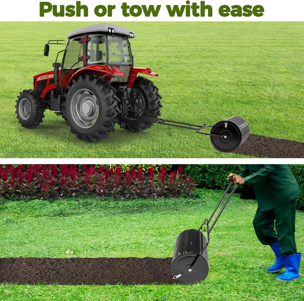 Compost Spreader and Peat Moss Spreader, 24 Push/Tow-Behind Roller Lawn Spreader with Steel Mesh Basket Garden Spreader for Spreading Manure Mulch Topsoil