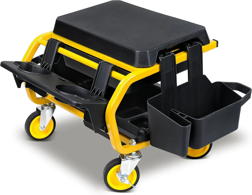 Rolling Mechanic Stool With Wheels, Garage Work Chair for Mechanics, Car Detailing, Heavy Duty (330 LBS Max Load Capacity)