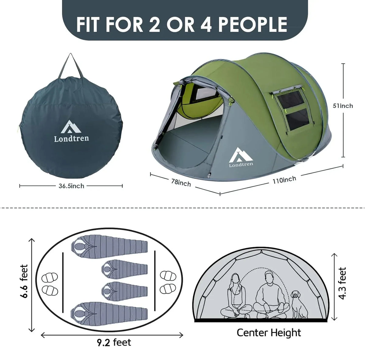 4 Person Easy Pop Up Tent Waterproof Automatic Setup 2 Doors-Instant Family Tents for Camping Hiking & Traveling
