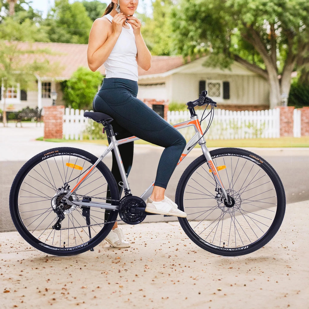 28 inch Hybrid Bike Men, Road Bike with Shimano 21 Speed, 700C Wheels, Comfort Adult Bicycle with Dual Disc Brake, 21'' Lightweight Aluminium Frame, Suggested Rider 5'6 to 6'2 Tall- Silver+Orange
