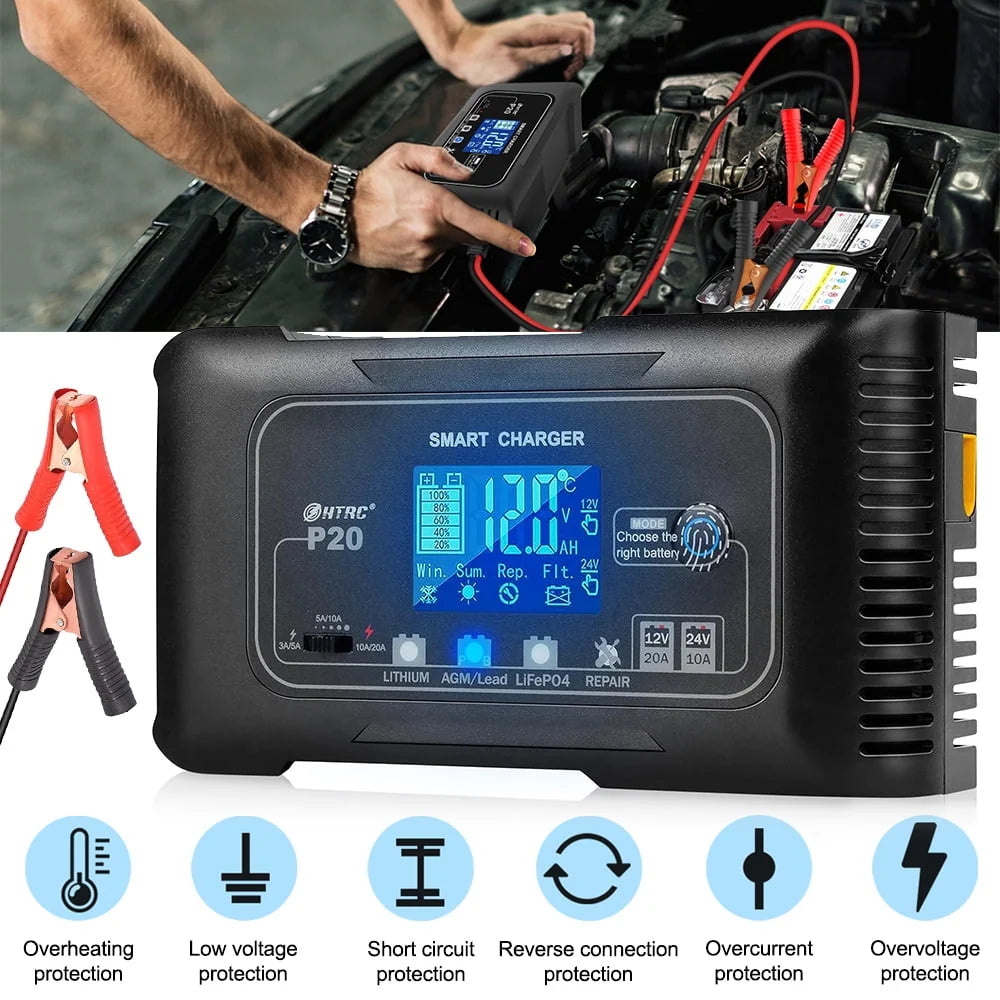 20-Amp Smart Battery Charger,Lithium,LiFePO4,Lead-Acid(AGM/Gel/SLA..) Car Battery Charger,Trickle Charger, Maintainer/deep Cycle Charger,12V/20A and 24V/10A,for Boat,Motorcycle,Lawn Mower,Golf