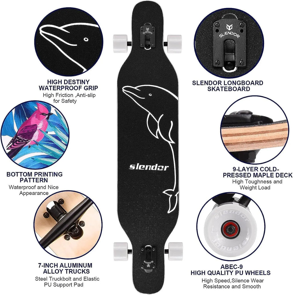 Slendor Longboard Skateboard 42 inch Drop Through Deck Complete Maple Cruiser Freestyle, Camber Concave