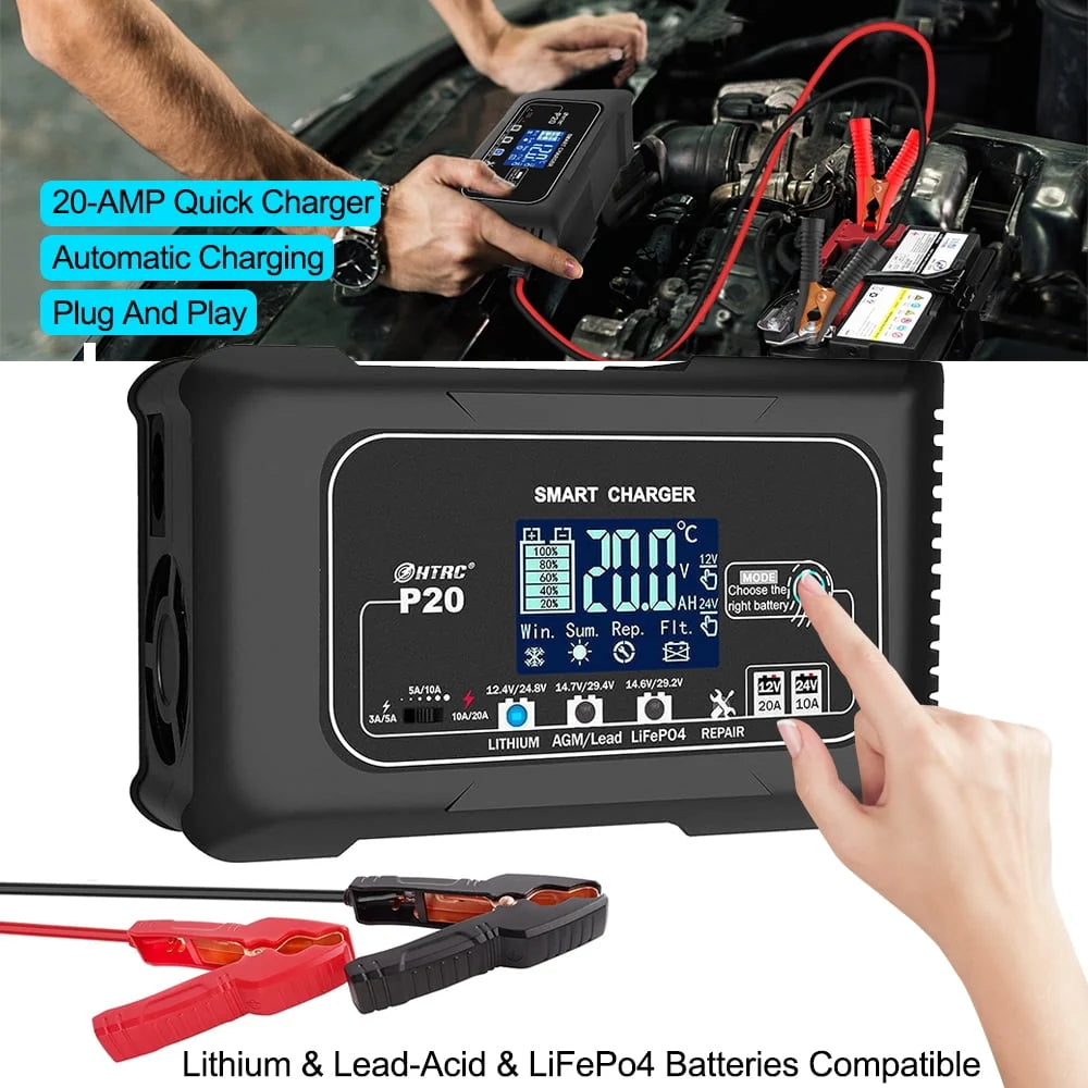 20-Amp Smart Battery Charger,Lithium,LiFePO4,Lead-Acid(AGM/Gel/SLA..) Car Battery Charger,Trickle Charger, Maintainer/deep Cycle Charger,12V/20A and 24V/10A,for Boat,Motorcycle,Lawn Mower,Golf