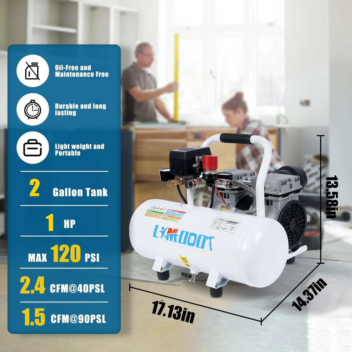 Limodot Air Compressor, Ultra Quiet Air Compressor, Only 60dB, 2 Gallon Air Tank, Dual Couplers Supports Two Users, Fast 20s Recovery, Oil-Free, Ideal For Shop, Garage, Car, Pneumatic Tools