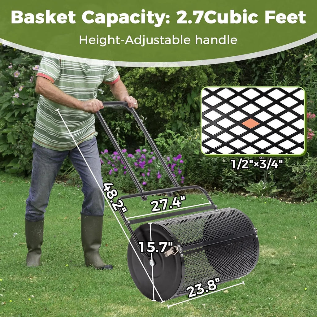 Compost Spreader and Peat Moss Spreader, 24 Push/Tow-Behind Roller Lawn Spreader with Steel Mesh Basket Garden Spreader for Spreading Manure Mulch Topsoil