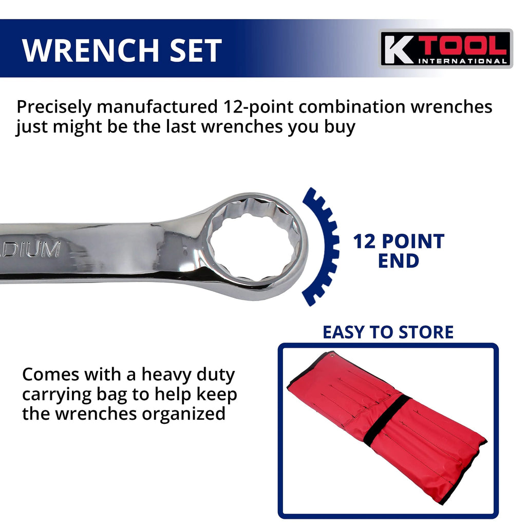 K Tool International 41803 Metric Combination Wrench Set for Garages, Repair Shops, and DIY, Chrome Plated, 12-point, Laser Engraved, Corrosion/Rust Resistant, 8-32mm Wrenches, 23-slot Sleeve
