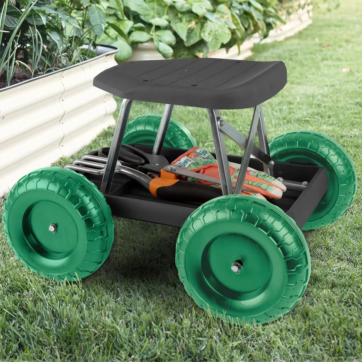 Pure Garden 82-VY021 Cart Rolling Stool with Wheels Seat, and Tool Tray for Weeding, Planting, or Lawn Care – Gardening Accessories and Supplies, 17.5x19, Green/Black