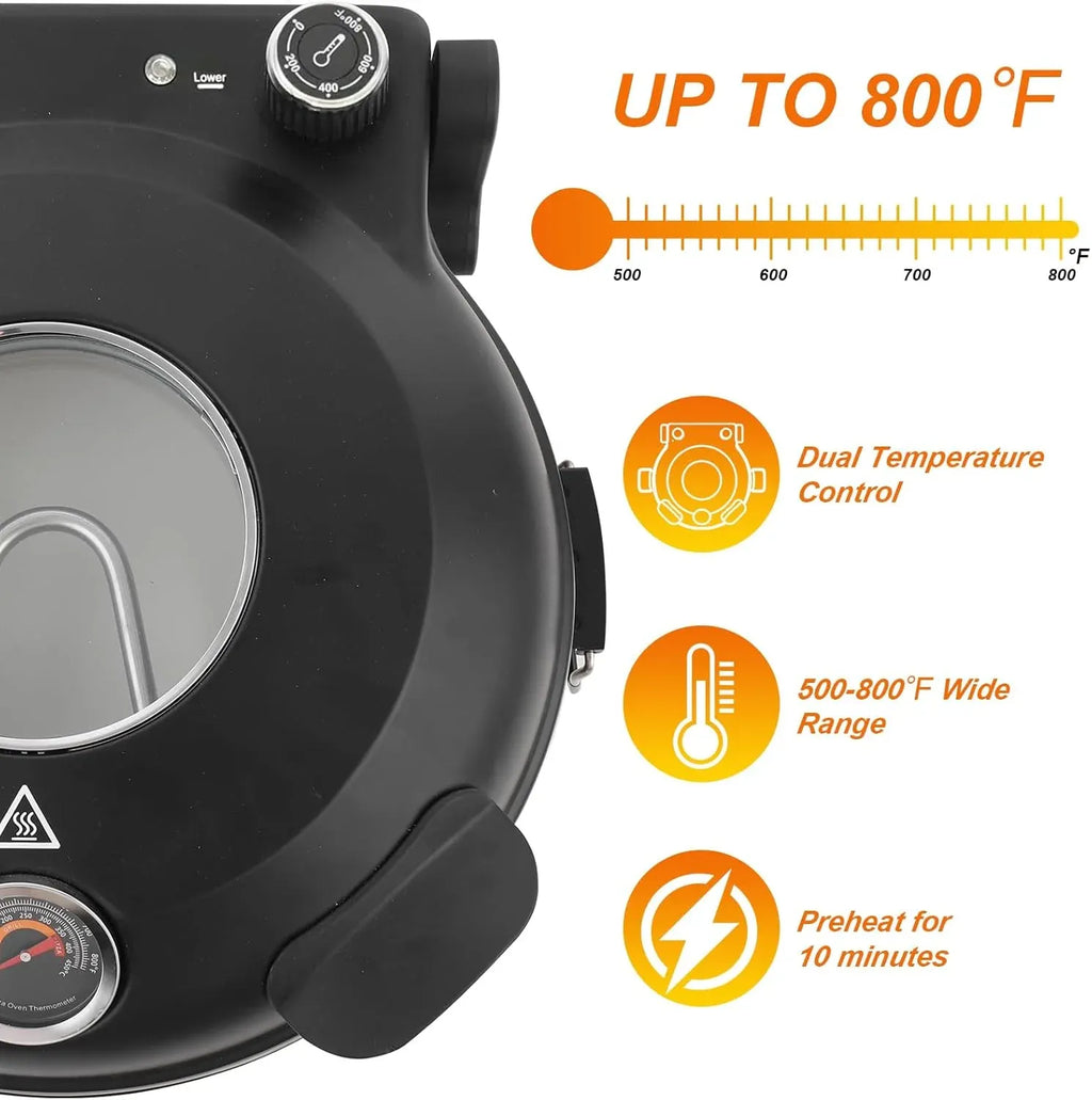 Pizza Maker Electric, 4-Min-Pizza in 1200W Pizza Oven, 31cm Refractory Stone Plate, Max 420â?Pizza Maker with 5 Cooking Levels, inkl. Pizza Peels & Scraper & Recipe, Black (black)