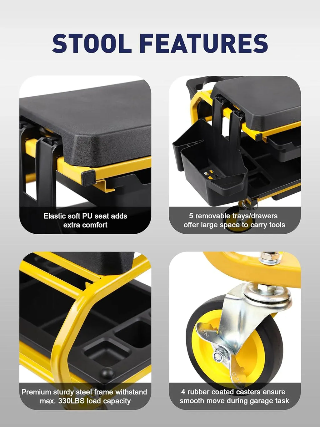 Rolling Mechanic Stool With Wheels, Garage Work Chair for Mechanics, Car Detailing, Heavy Duty (330 LBS Max Load Capacity)