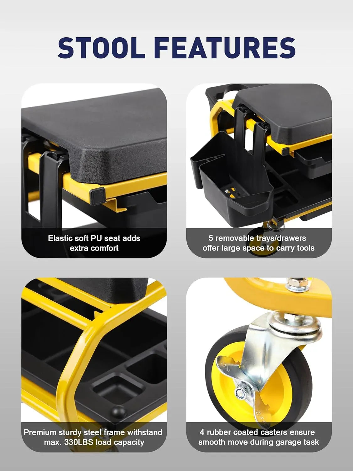 Rolling Mechanic Stool With Wheels, Garage Work Chair for Mechanics, Car Detailing, Heavy Duty (330 LBS Max Load Capacity)