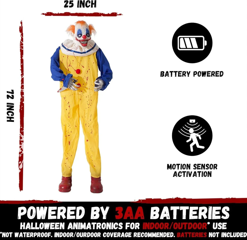 6Ft Animated Killer Clown with Motion, Sound, and Light Up Eyes for Halloween
