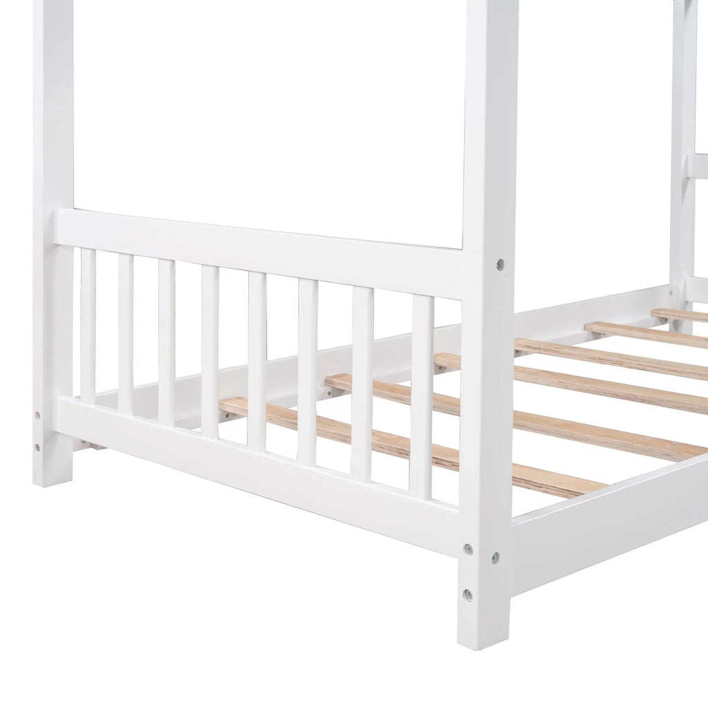 Twin Size White House Platform Bed with Roof Design Headboard and Footboard, Kids Bedroom Furniture