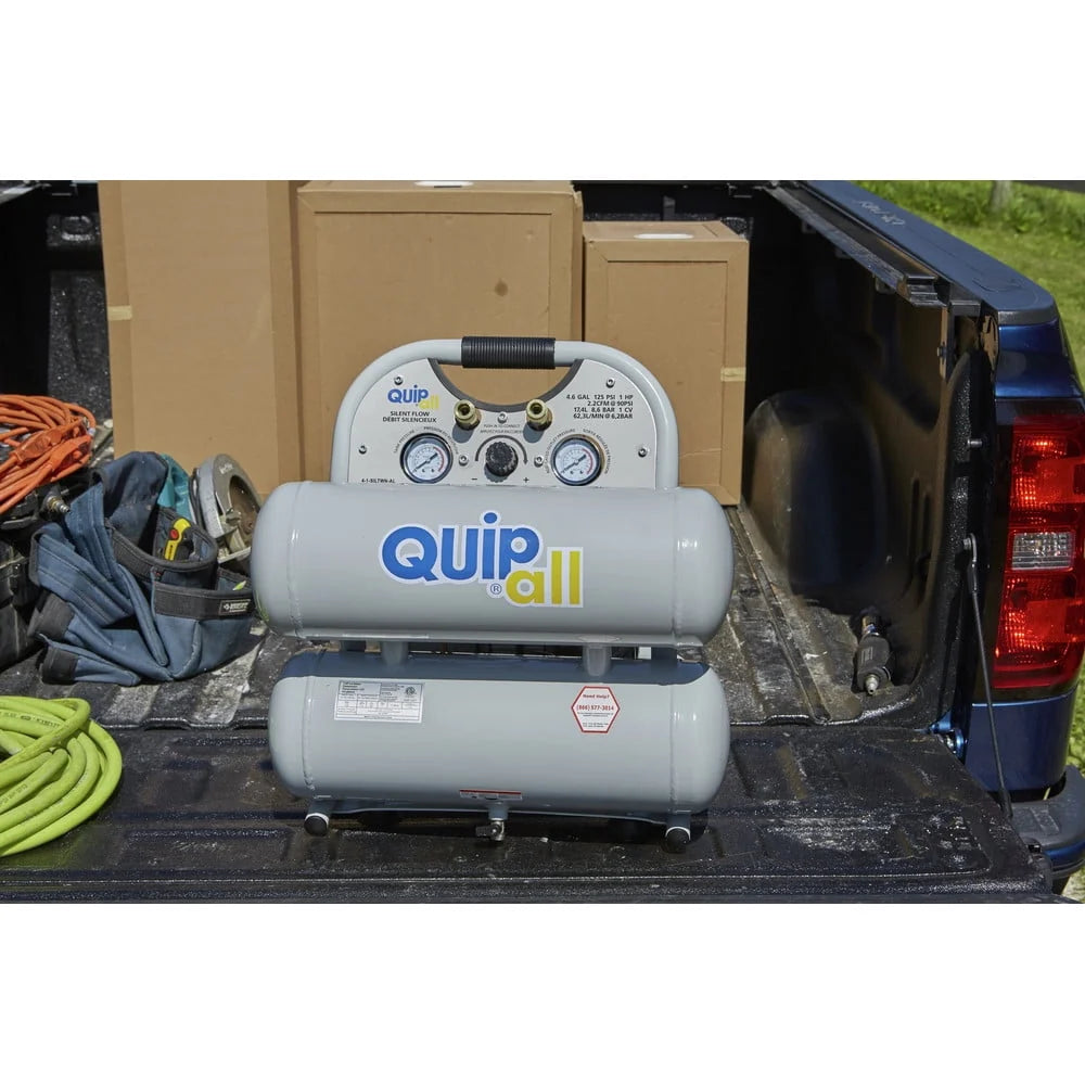 Quipall 4-1-SILTWN-AL Ultra Quiet 1 HP 4.6 Gallon Oil-Free Twin Stack Air Compressor