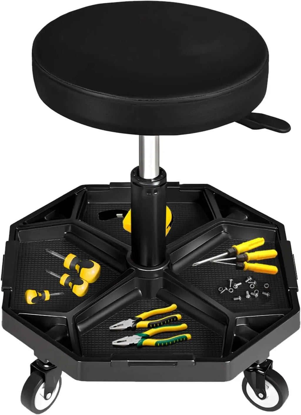 Rolling Garage Seat Adjustable Pneumatic Shop Creeper Seat 300Lbs Mechanic Stool with Wheels and Removable Tool Tray Storage Workshop Chair for Auto Repair
