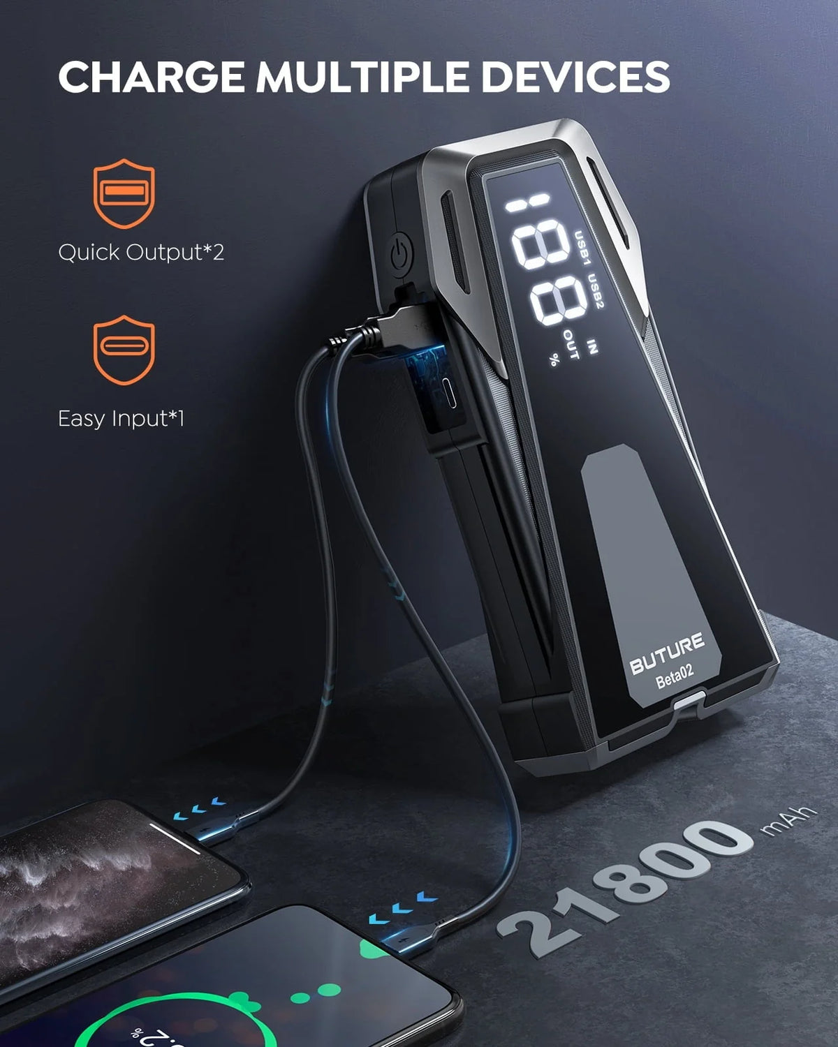 Buture Car Jump Starter Booster 2500A Powerful Safe Portable Car Battery Jump Starter Charger With Large Display Lighting Charging Function