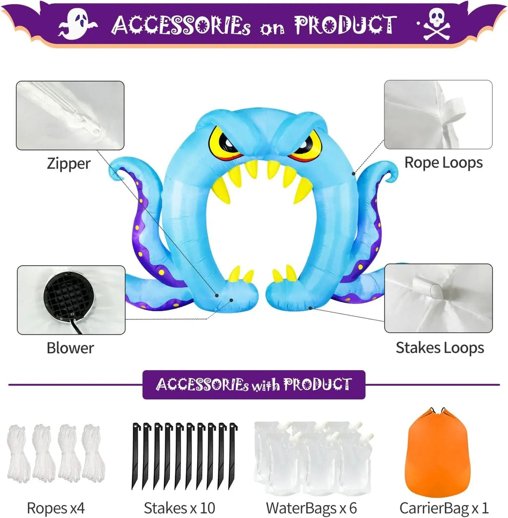 DomKom Halloween Inflatable Blow Up Decorations, 16FT Long 8FT Tall Blue Monster Octopus Archway, Built-in LEDs for Holiday Party, Garden, Lawn, Yard, Patio Décor