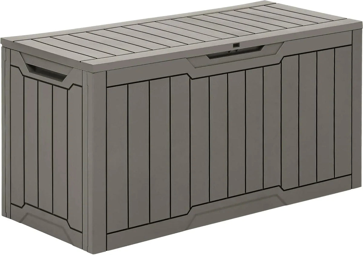 120 Gallon Outdoor Storage Deck Box with Cushion, Large Resin Patio Storage for Outdoor Pillows, Garden Tools and Pool-Supplies, Waterproof, Lockable (Taupe)