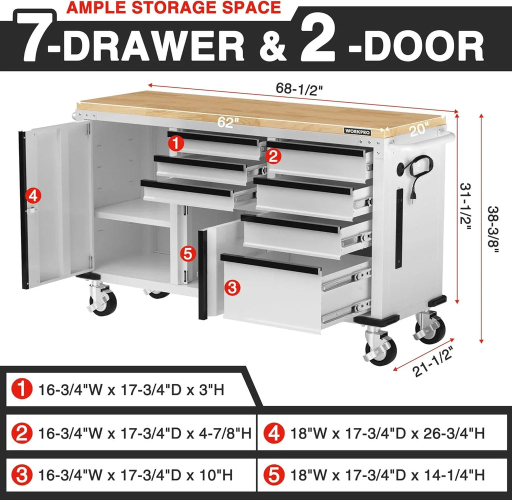 62 x 20 7-Drawer & 2-Door Rolling Tool Chest, Mobile Tool Storage Cabinet with Power Strip, Locking System, Heavy Duty Rolling Cabinet for Garage, Warehouse & Kitchen, 1000 lbs Capacity
