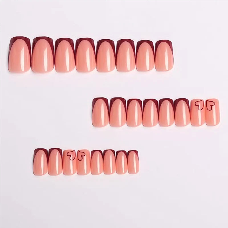 24 PCS Valentine's Day Press On Nails, French Tip Medium Square Wine Red Heart Fake Nails Natural Fit Gel Acrylic Nails, Glue On Nails False Nail Set