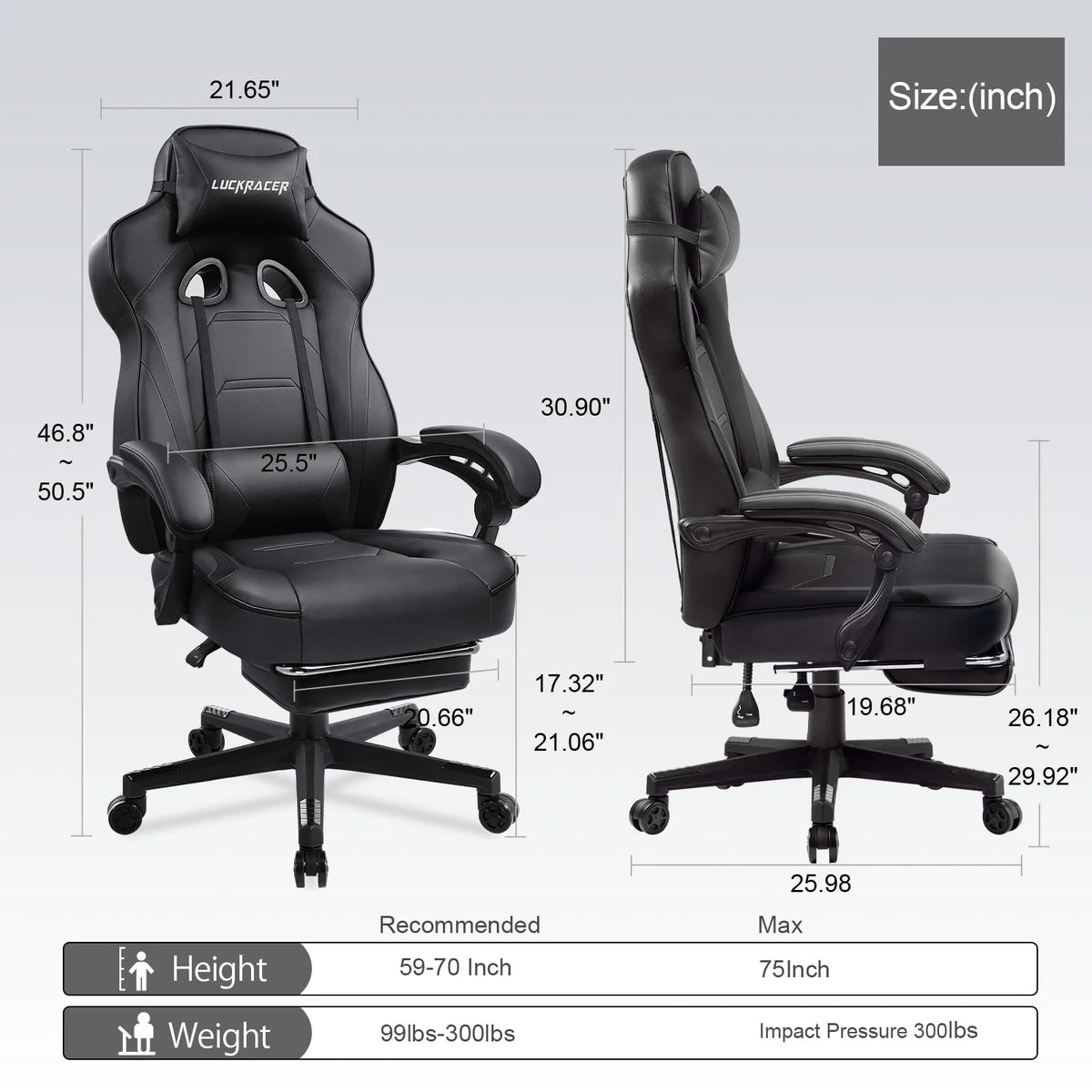 LUCKRACER Computer Gaming Chair with Footrest, Ergonomic Big and Tall Gamer Chair PU Leather Swivel Lumbar Support Racing Style E-Sports Game Chairs by GTRACING (Black)
