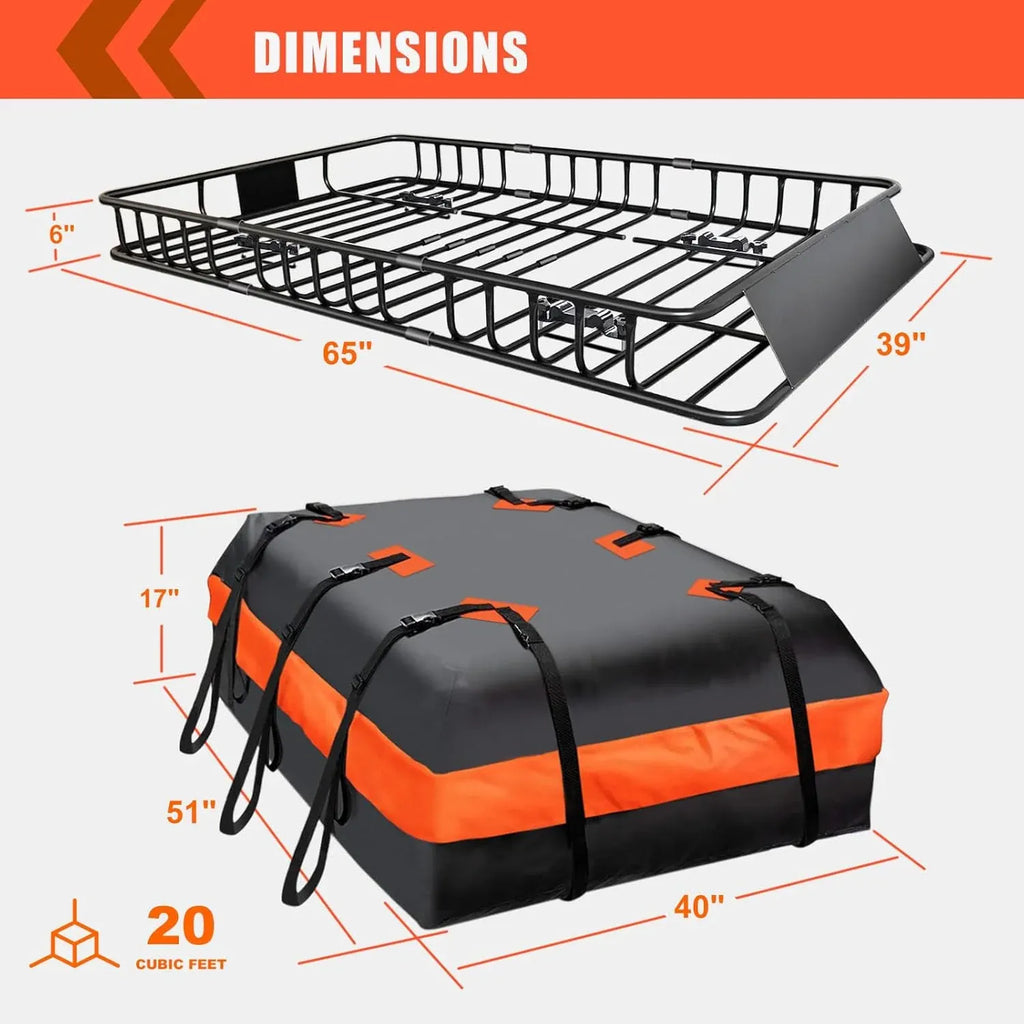 MeeFar Roof Rack Carrier Basket Universal Rooftop 65 X 39 X 6 Large Size Roof Rack + Waterproof Bag 20 Cubic Feet (51 40 17), and Cargo Net with Attachment Hooks, Ratchet Straps