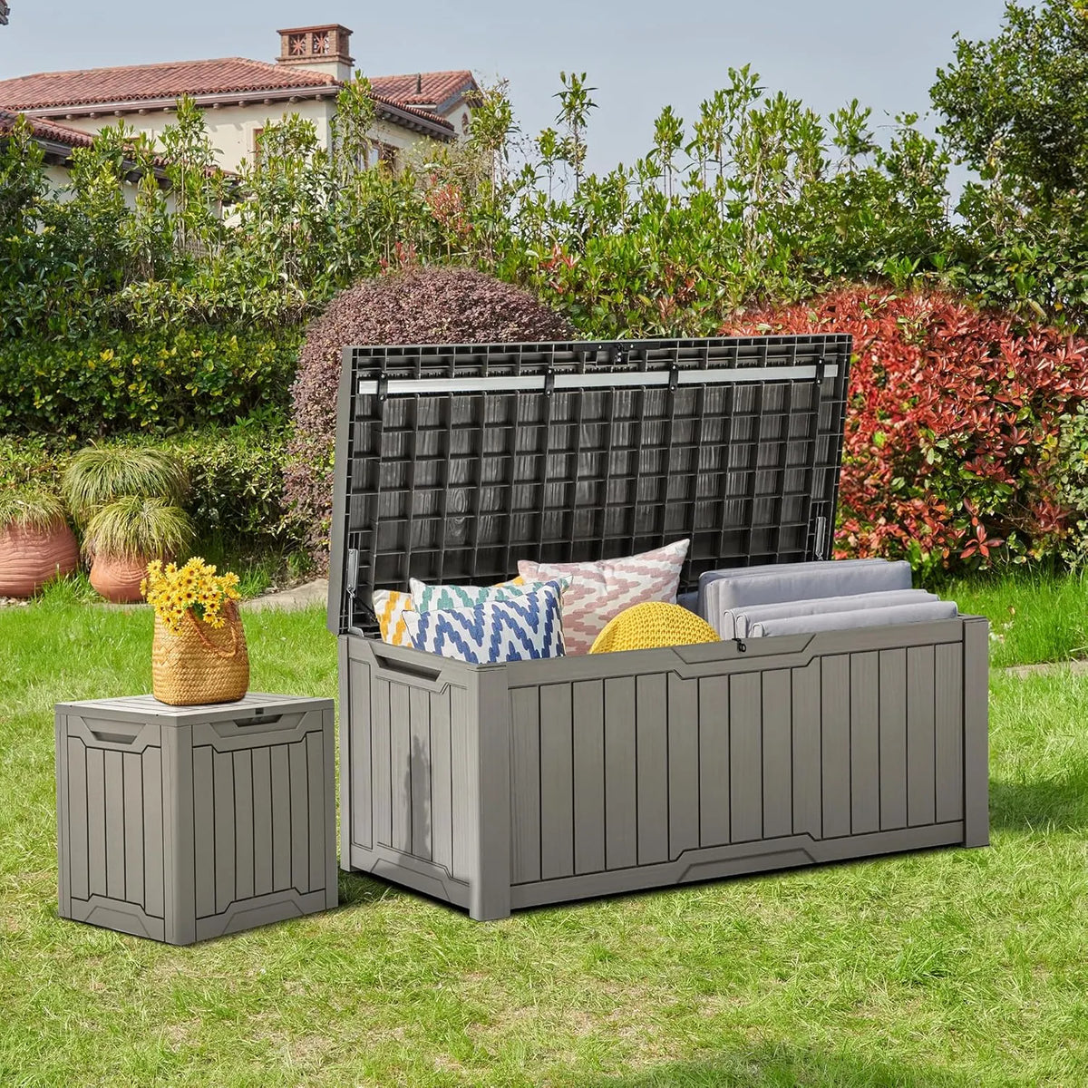 120 Gallon Outdoor Storage Deck Box with Cushion, Large Resin Patio Storage for Outdoor Pillows, Garden Tools and Pool-Supplies, Waterproof, Lockable (Taupe)