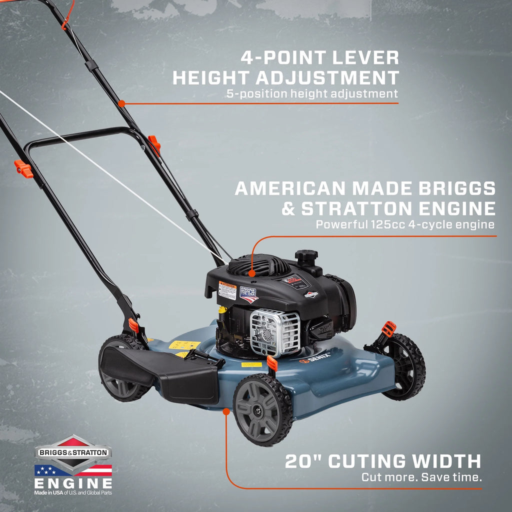 SENIX 20-Inch Gas Lawn Mower, 125 cc 4-Cycle Briggs & Stratton Engine, Push Lawnmower with Side Discharge, 5-Position Height Adjustment, LSPG-L3