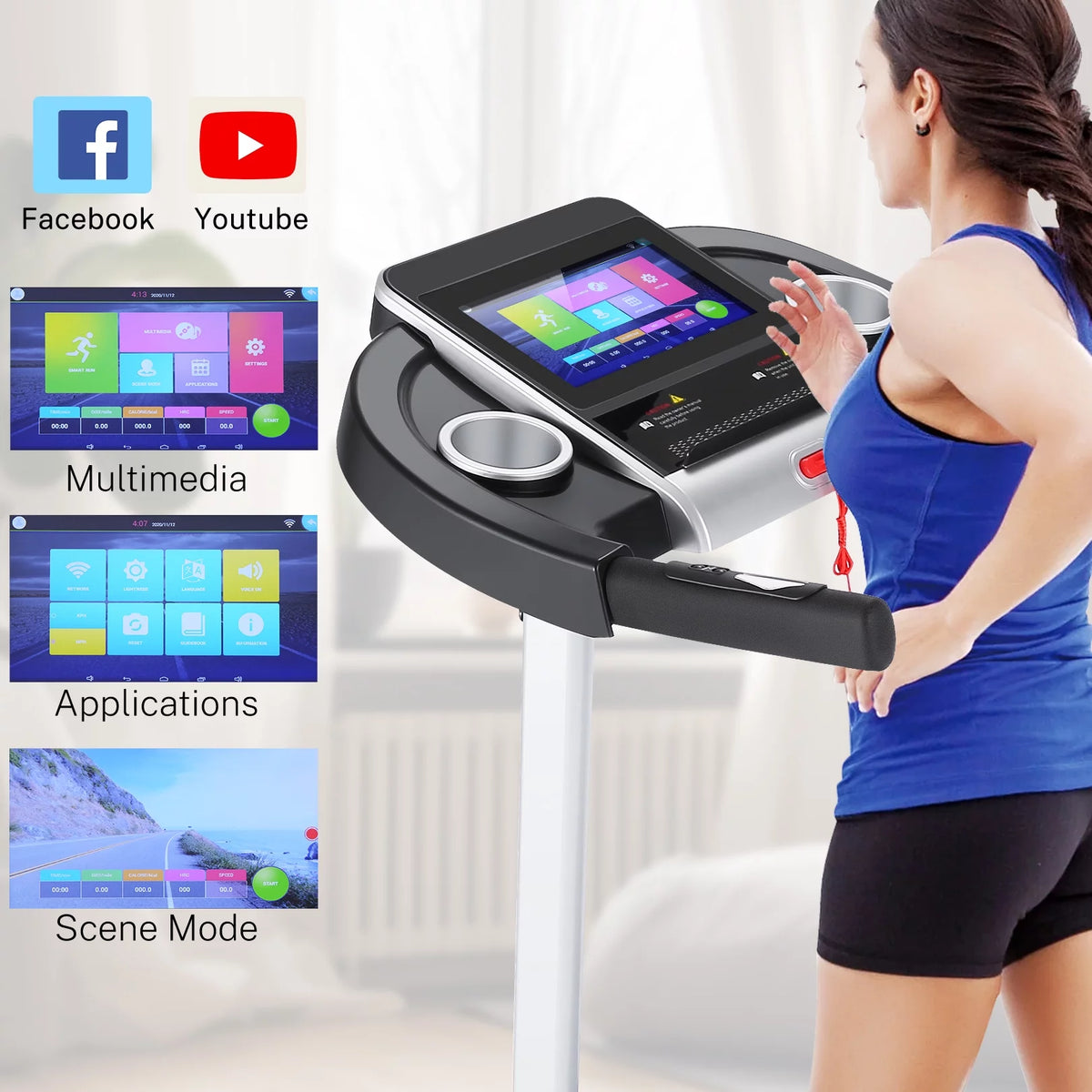 Home Treadmill--Treadmill with 10 HD TV Movie Touchscreen and 3D Virtual Sports Scene, Folding Treadmill with WiFi Connection, Speaker, Wide Belt, Youtube（Silver）