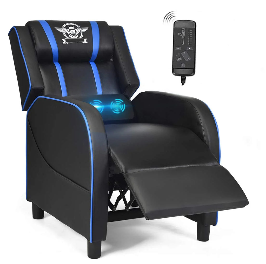 POWERSTONE Gaming Recliner Chair, Reclining Gaming Chair Ergonomic Leather Sofa with Footrest Lumbar Support Headrest and Side Pouch for Living Room Home Theater, Blue