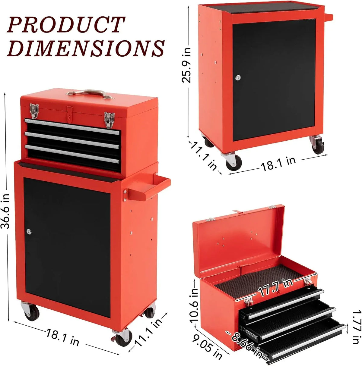 3-Drawer Rolling Tool Chest with Wheels, Large Storage Cabinet and Adjustable Shelf - Removable Portable Top Box with Locking System for Garage, Warehouse (Black & Red)